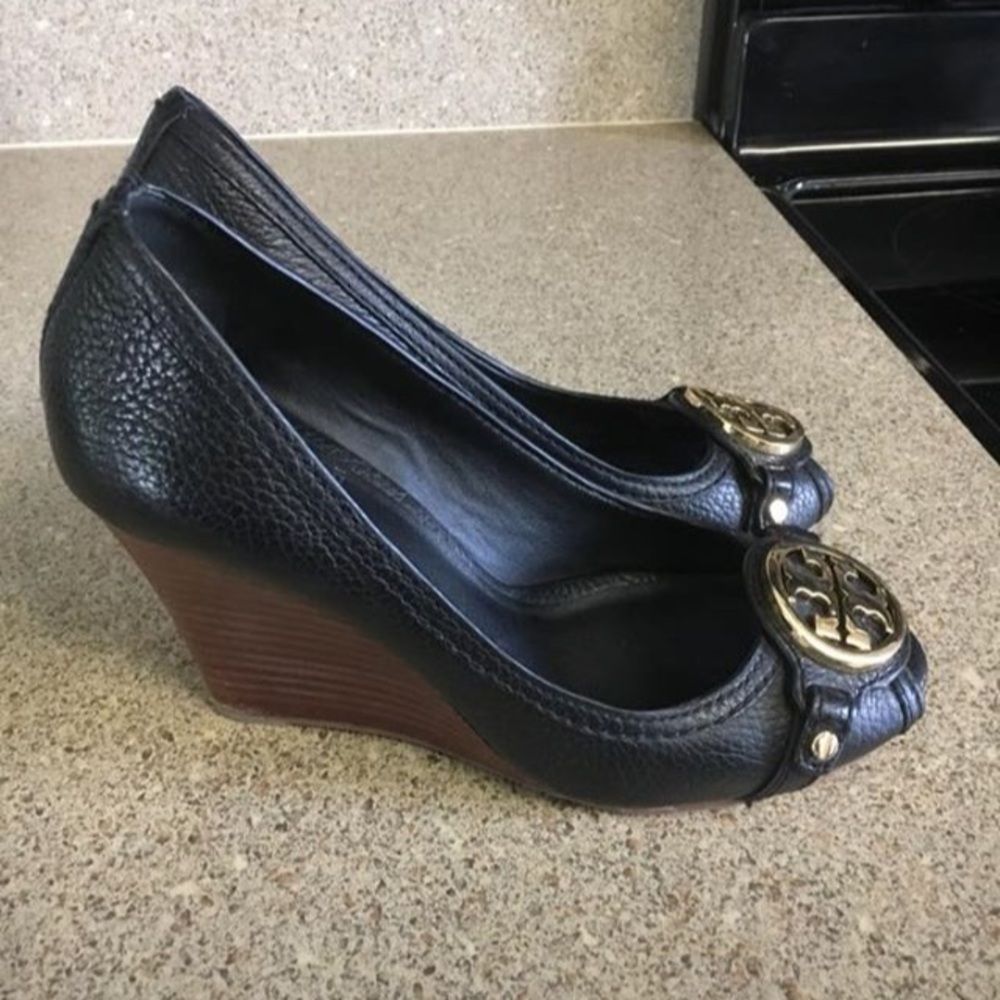 Tory Burch Black Wedges with Gold Accents